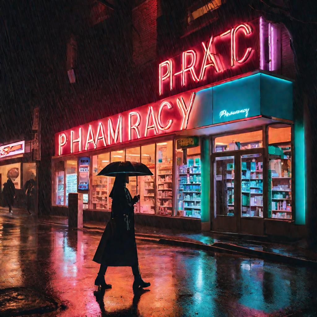 Женщина выходит из аптеки в дождливый вечер с пакетом лекарств