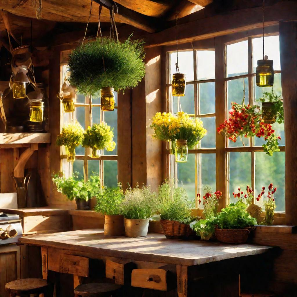 Банки с травяным чесночным маслом на деревянном столе
