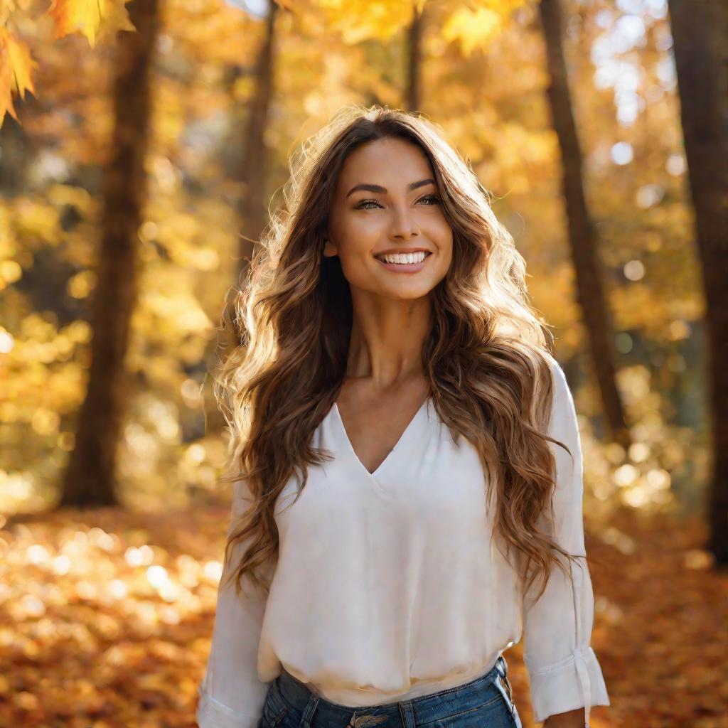 Портрет молодой женщины на фоне осеннего леса