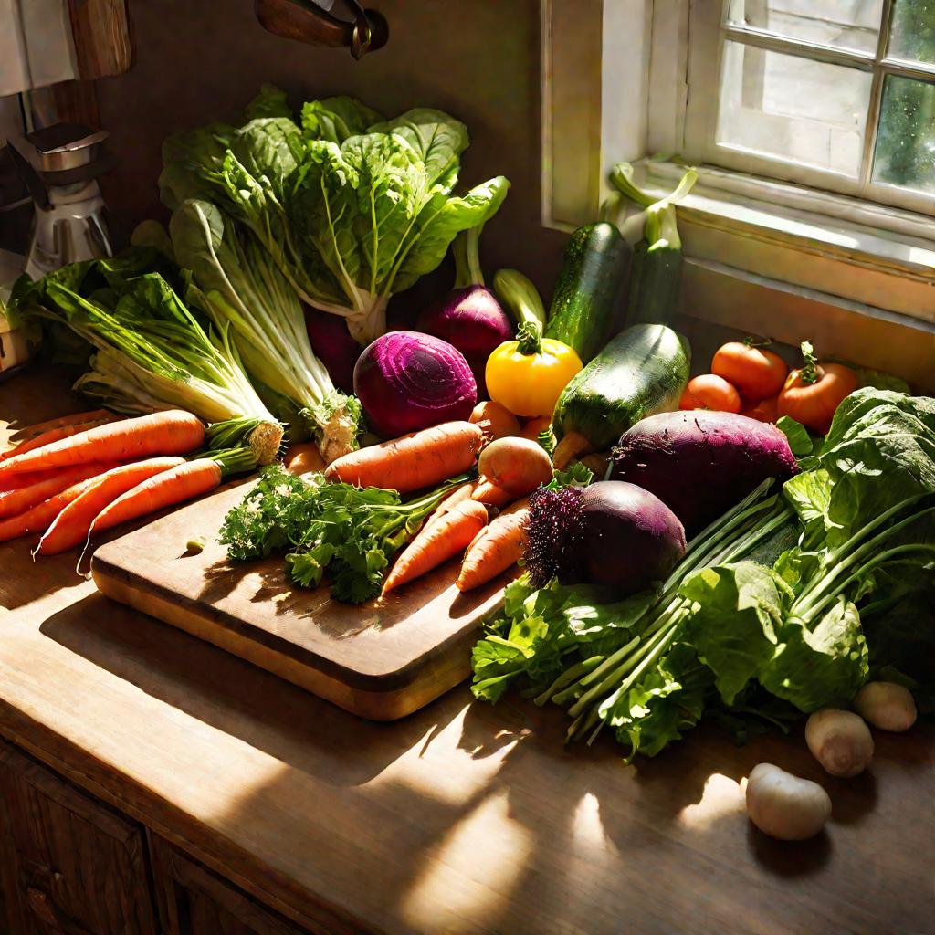 Овощи для борща разложены на разделочной доске на кухне в лучах теплого солнца.