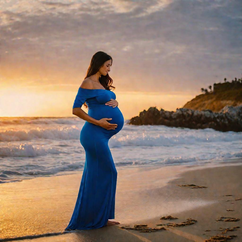 Беременная женщина на пляже на закате