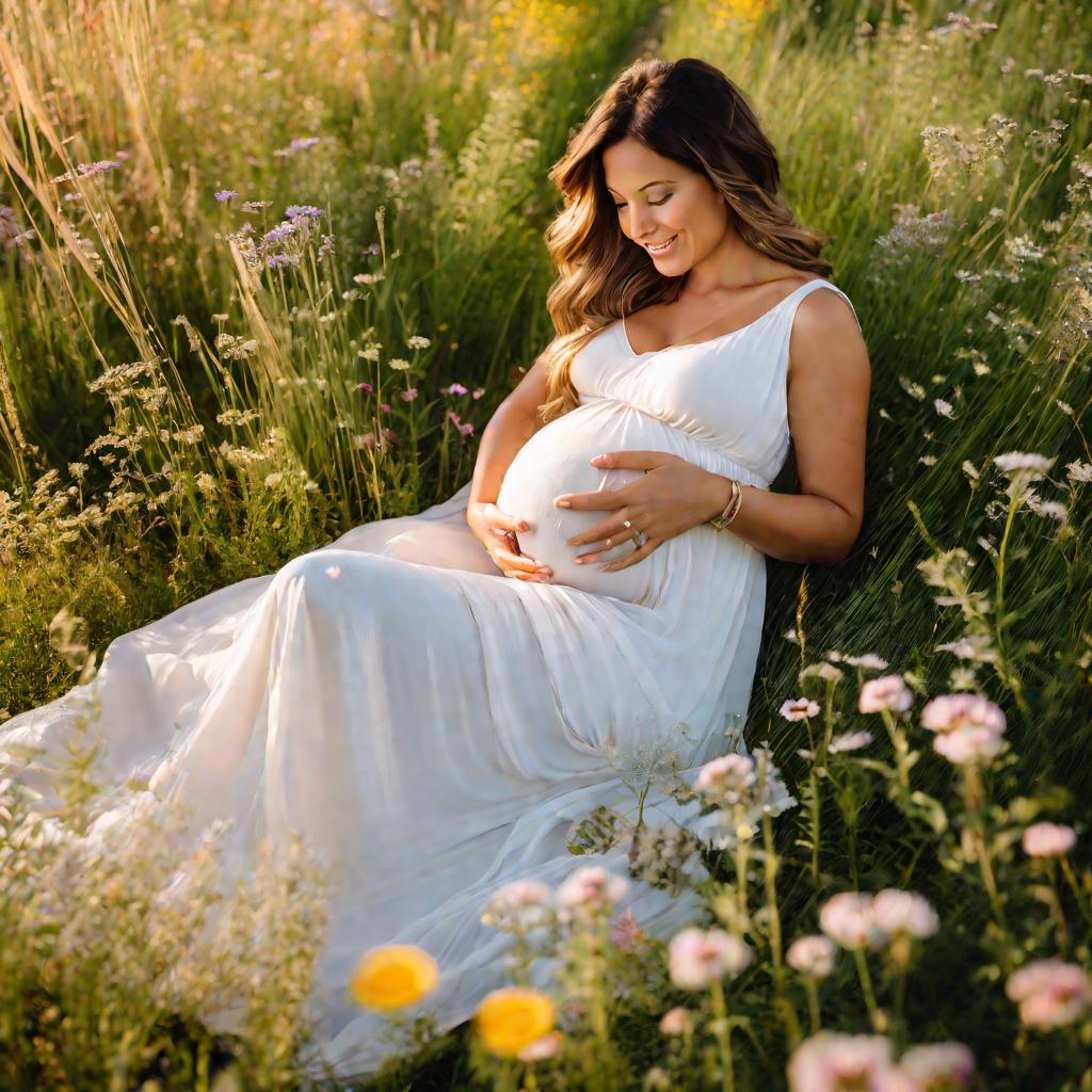 женщина с беременным животом на лугу