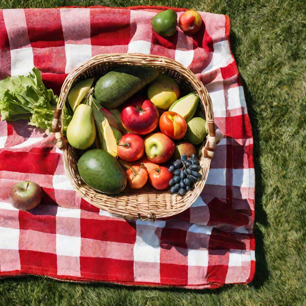 Корзина для пикника, полная фруктов и овощей