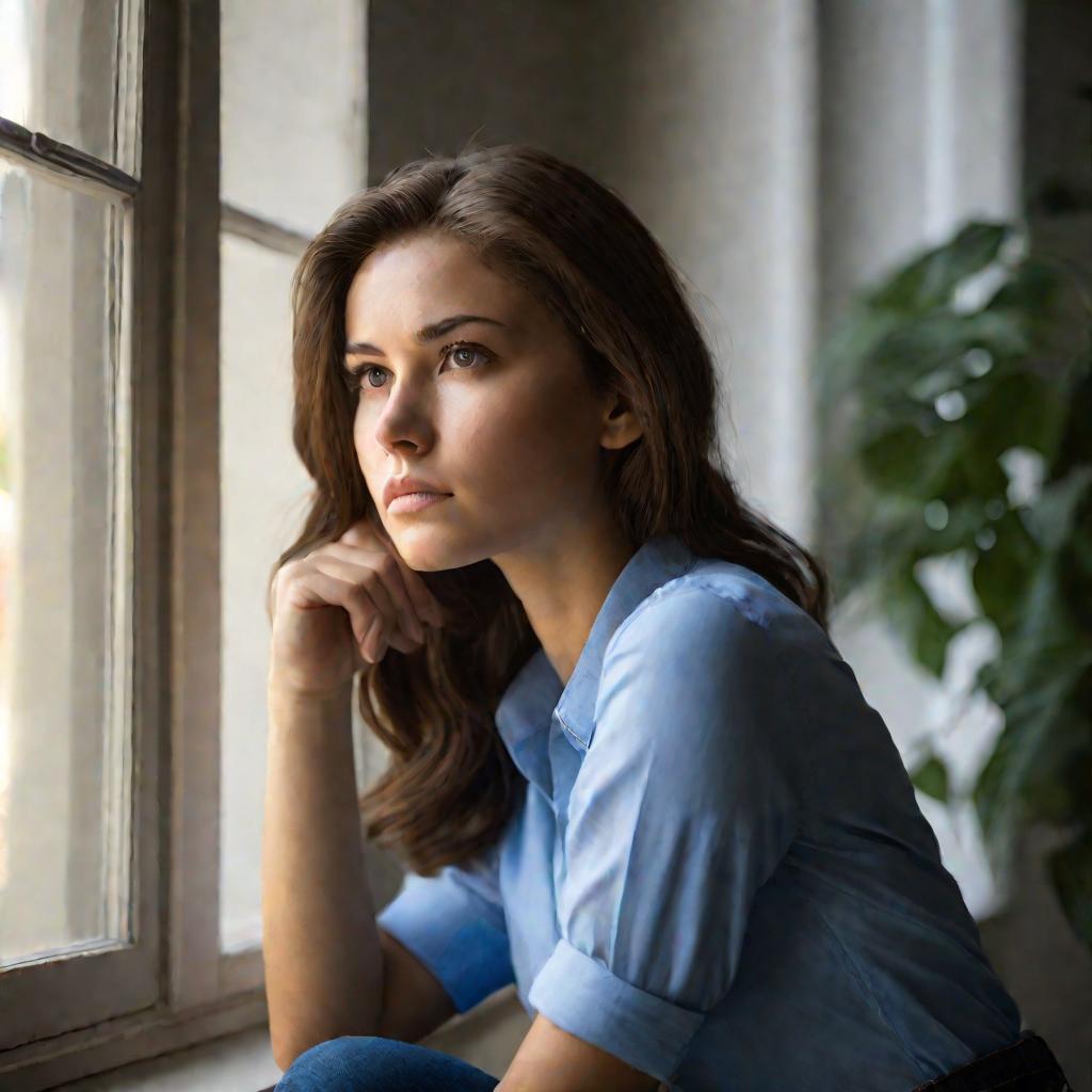 Портрет молодой задумчивой женщины у окна