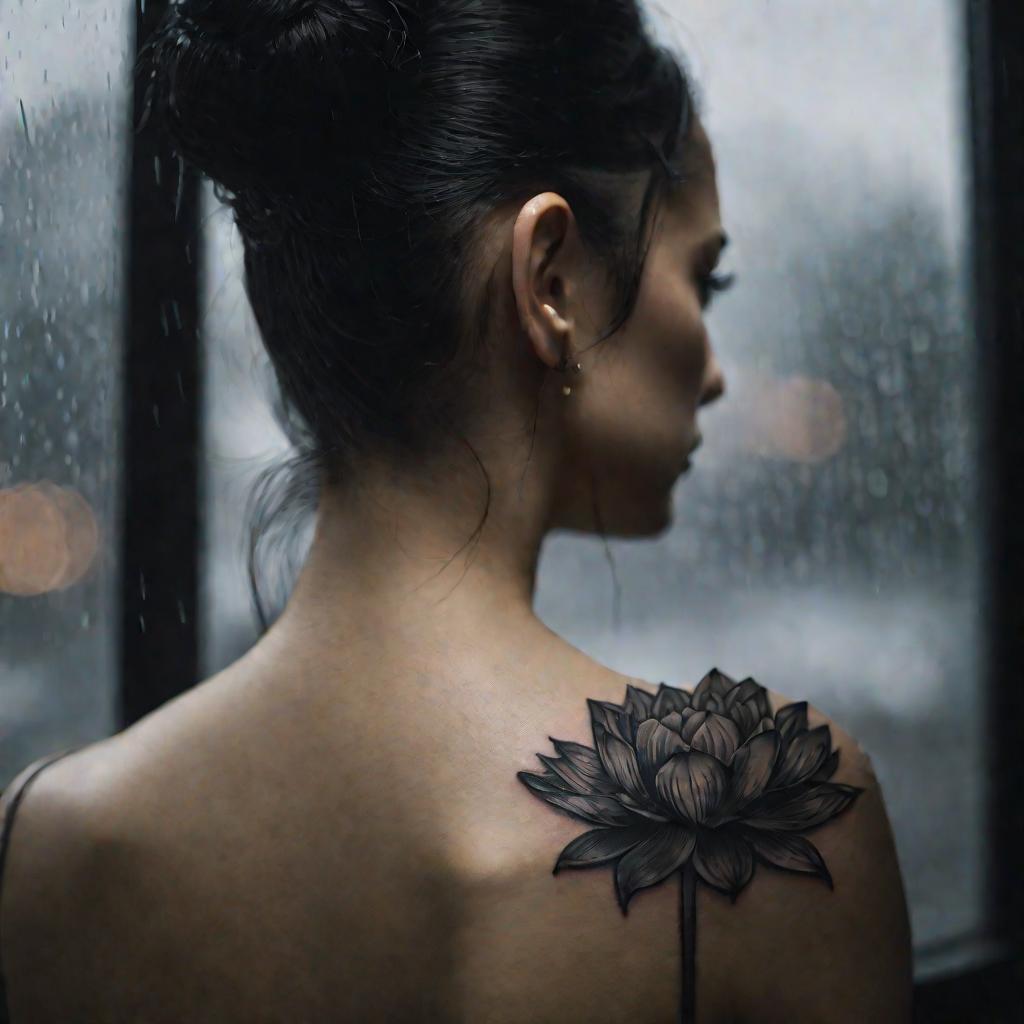 Крупный портрет задумчивой женщины с частично удаленной черно-серой татуировкой лотоса на спине