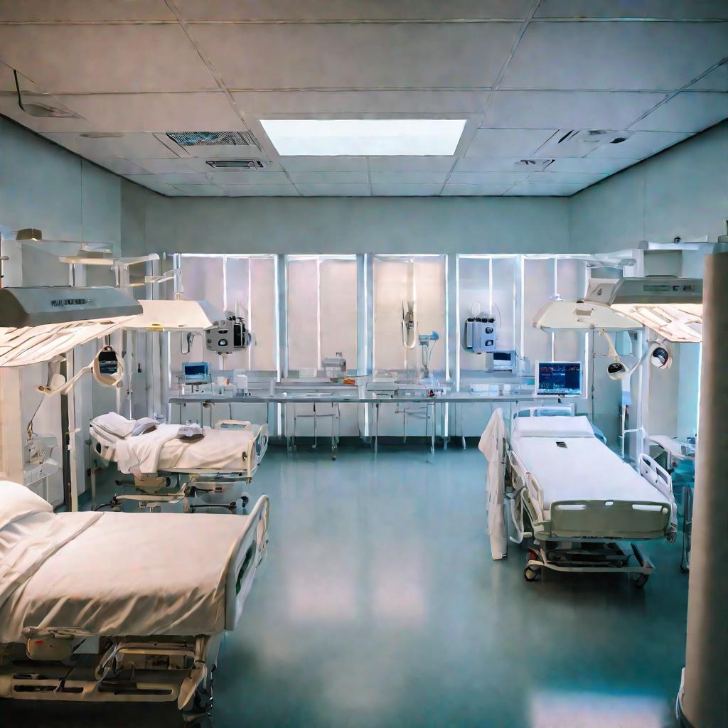 Вид больничной палаты с 4 койками на закате.