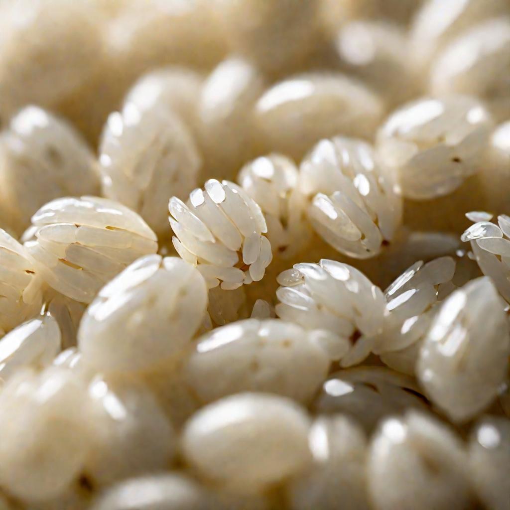 Крупным планом белые зерна пропаренного риса в керамической миске, уложенные в эстетичную спиральную форму