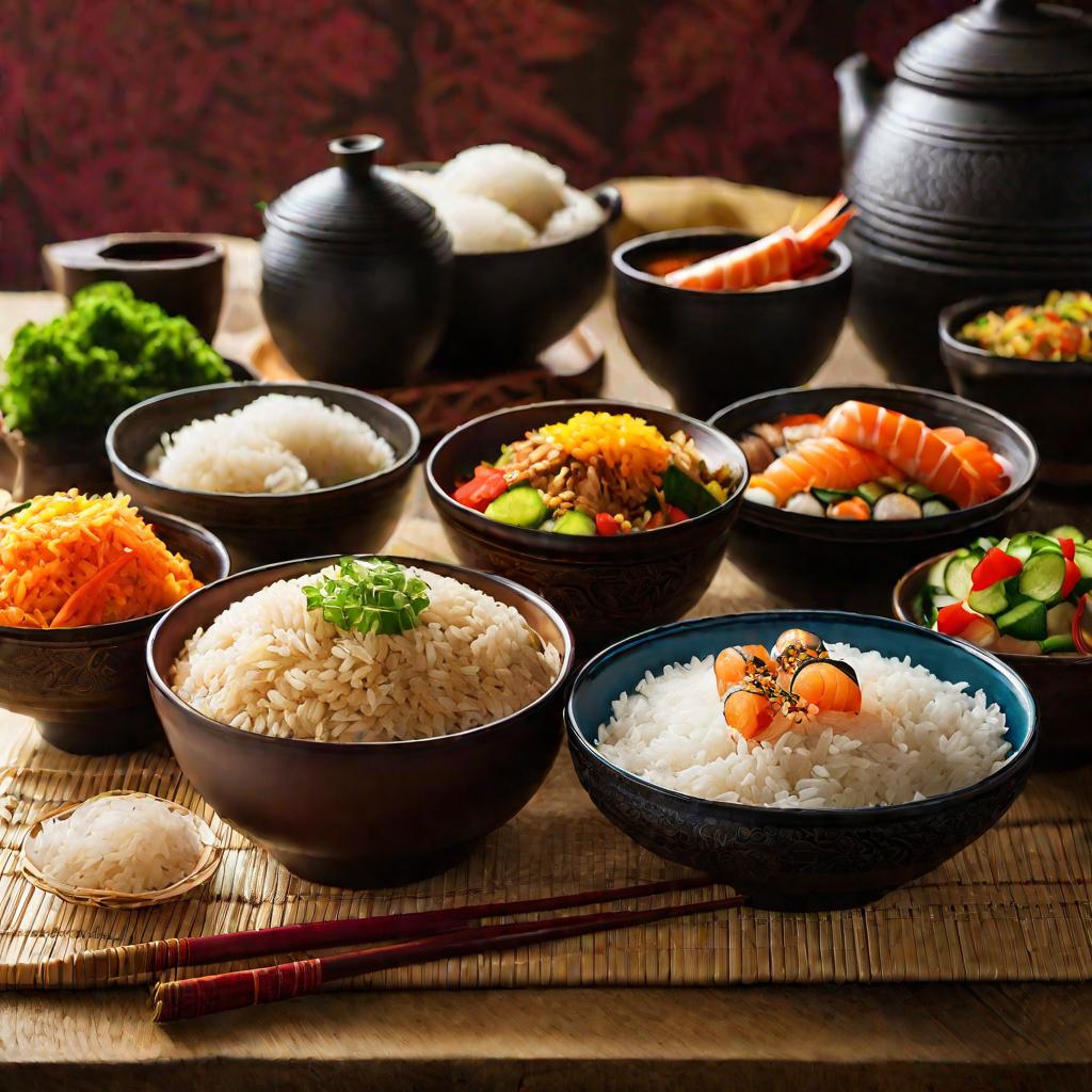Ярко освещенные различные азиатские блюда с пропаренным рисом. На переднем плане горшочек с рисом бирьяни с приправами. Сзади - суши роллы, рисовые шарики и жареный овощной рис.