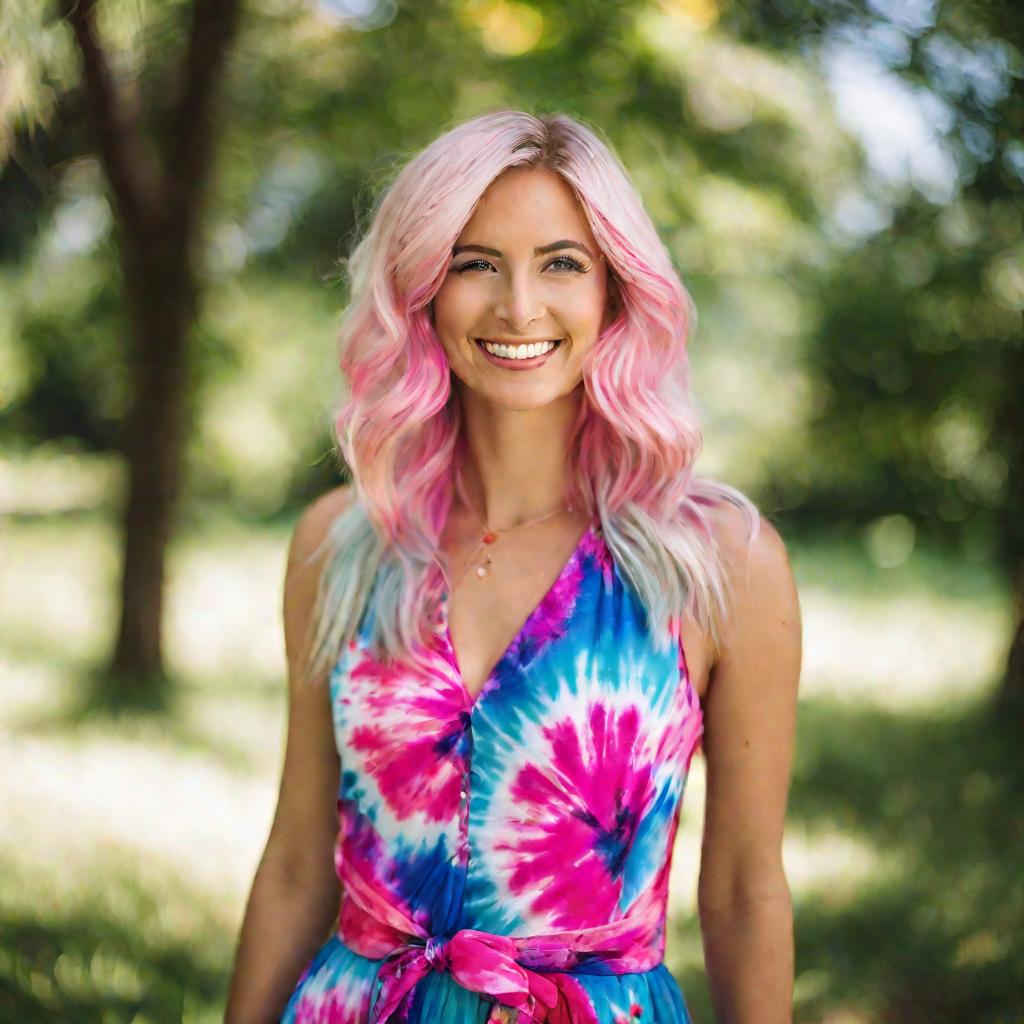 Девушка с яркими розово-голубыми волосами позирует на солнце в летнем саду.