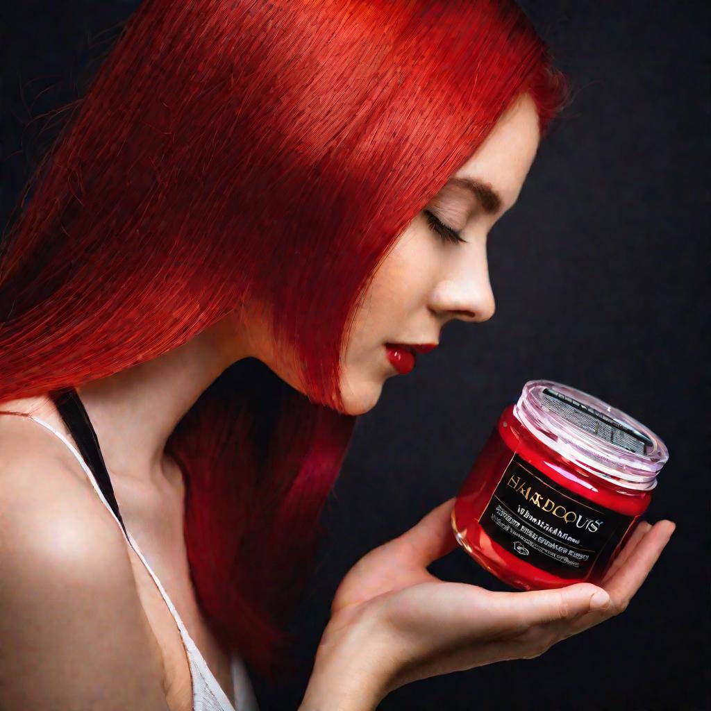 Девушка с рыжими волосами смотрит в зеркало, в руке у нее баночка со смывкой для волос.