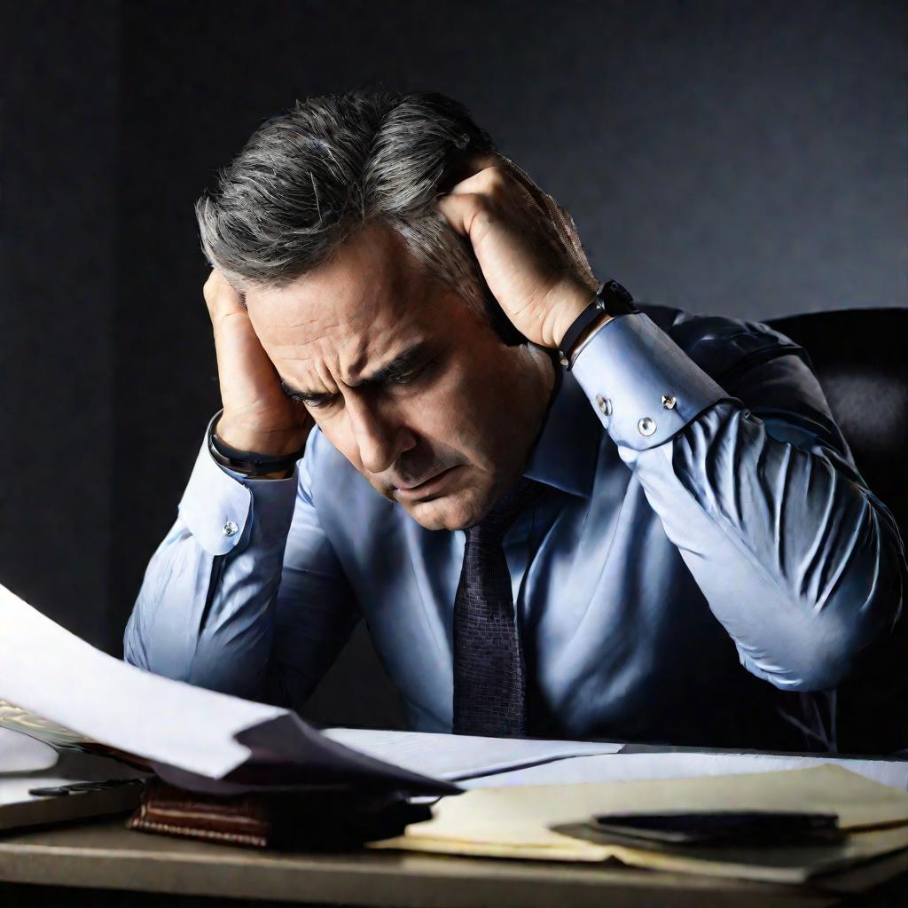 Портрет мужчины со стрессом за рабочим столом.