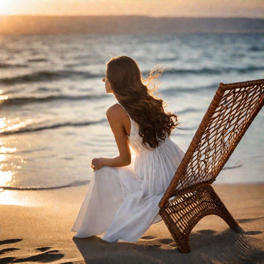 Женщина с длинными волосами на пляже на закате