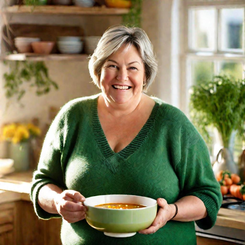 Улыбающаяся полная женщина держит миску супа