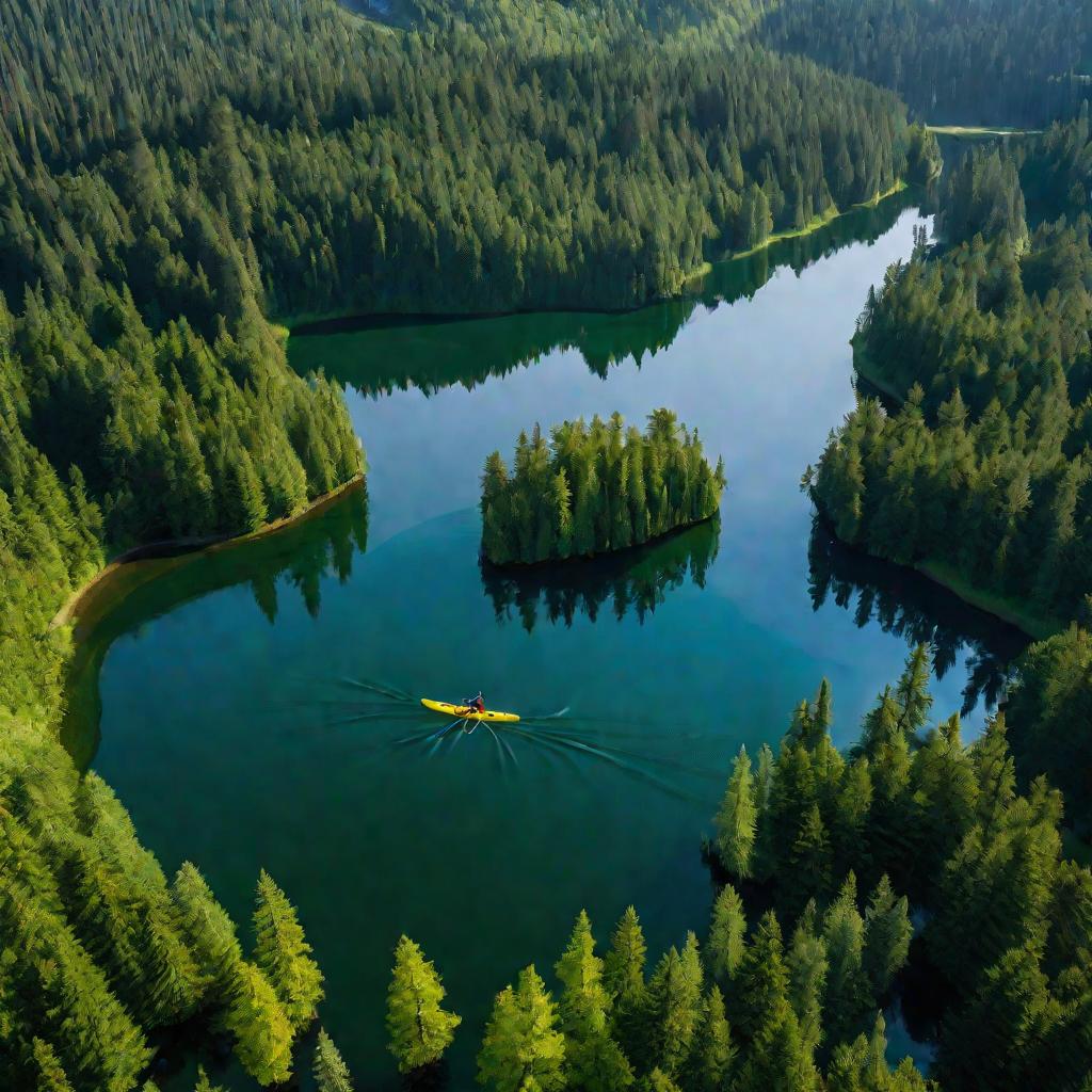 Вид сверху на спокойное озеро в лесу и человека, плывущего на байдарке