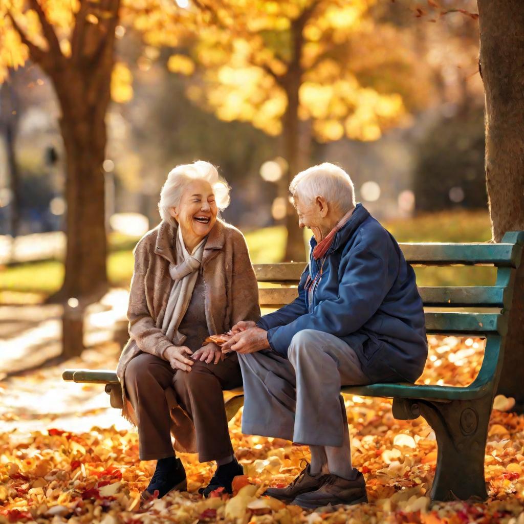 пожилые супруги смотрят лекарства в парке осенью