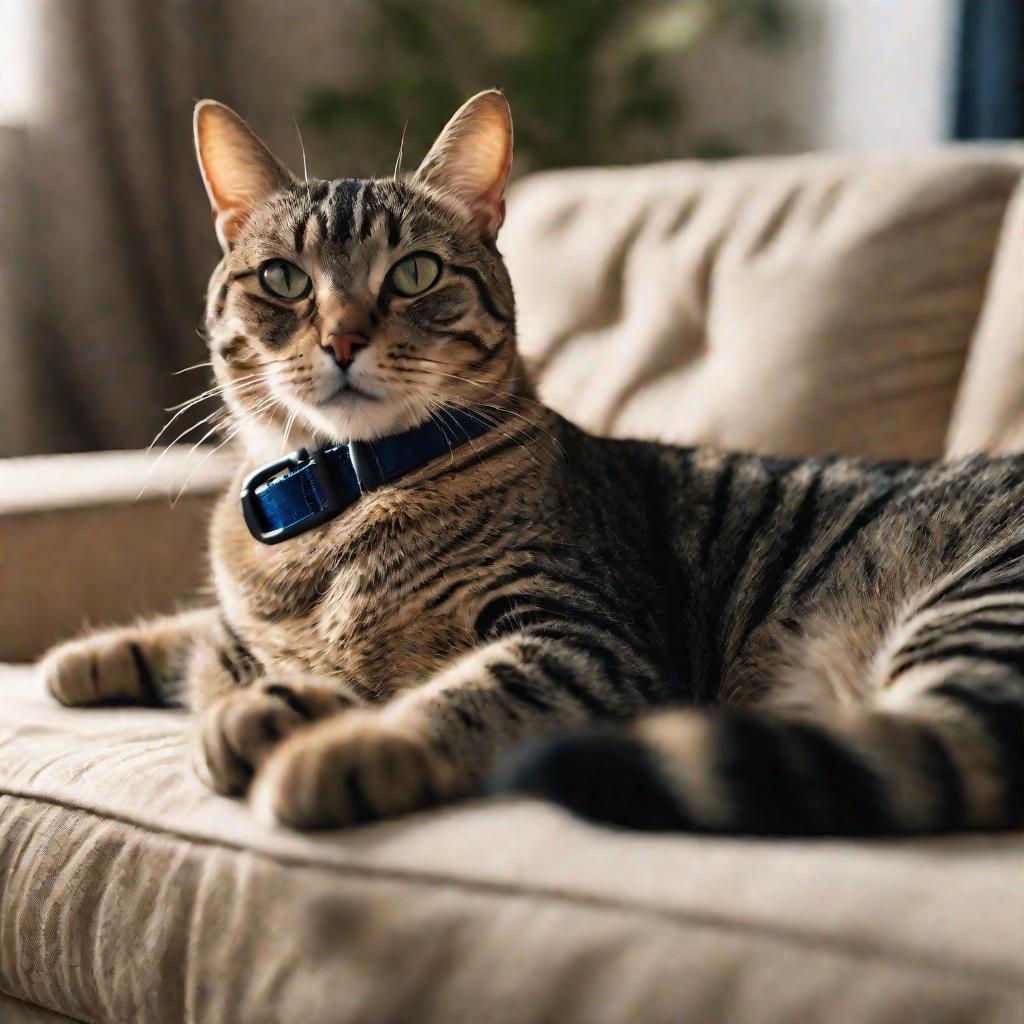 Широкий вид рыжего кота в синем ошейнике от блох на диване