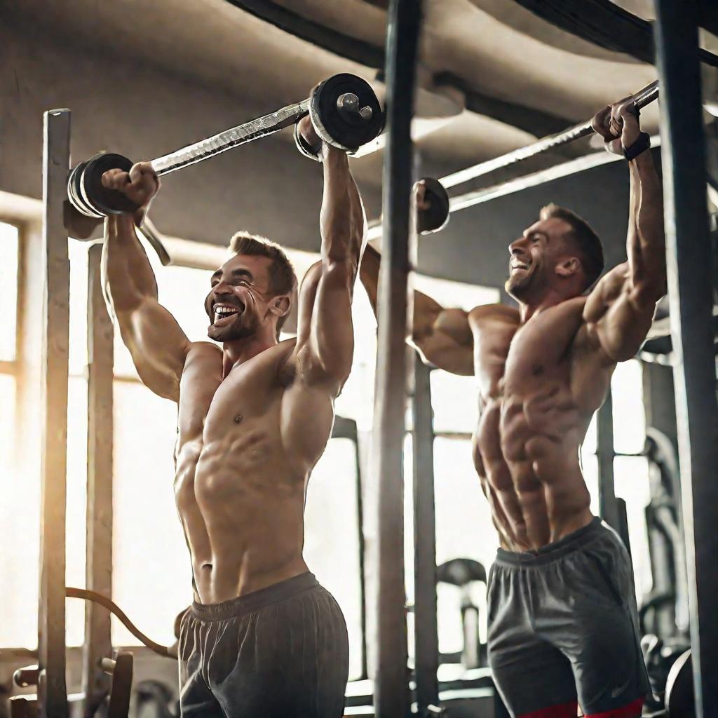 Веселые накачанные мужчины тренируются в тренажерном зале, выполняя подтягивания и жим штанги, и видят результаты своей сбалансированной диеты и упражнений в зеркале