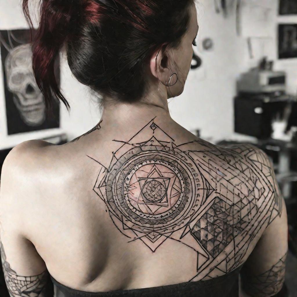 На тыльной стороне женского запястья тату-мастер наносит большую геометрическую татуировку в виде широкого браслета со сплетением кругов, треугольников и линий; драматический вечерний свет, много деталей