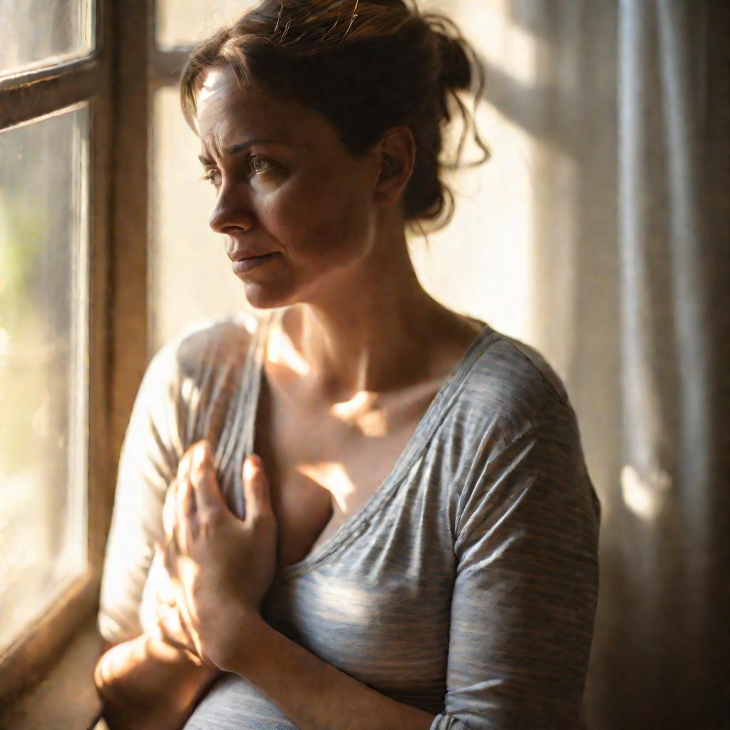 Беременная женщина сидит задумчиво у окна