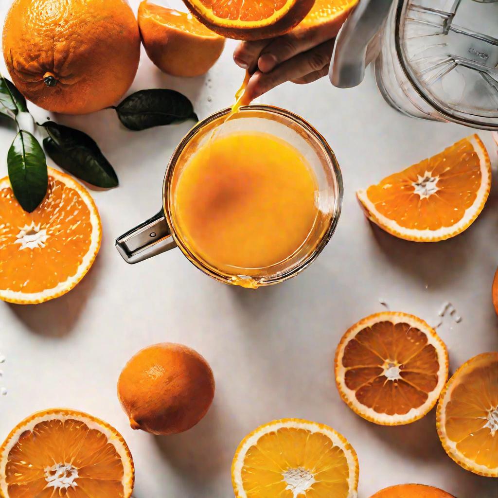Приготовление свежевыжатого апельсинового сока.