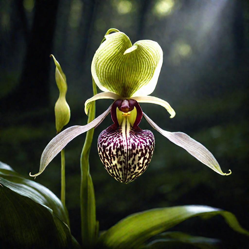 Редкая башмачок дикая орхидея, цветущая на лесной подстилке. Драматичный боковой свет высвечивает замысловатый цветок в форме кармашка, выходящий из крупных складчатых листьев. Глубокие тени создают настроение и таинственность. Мистическая сцена в туманно