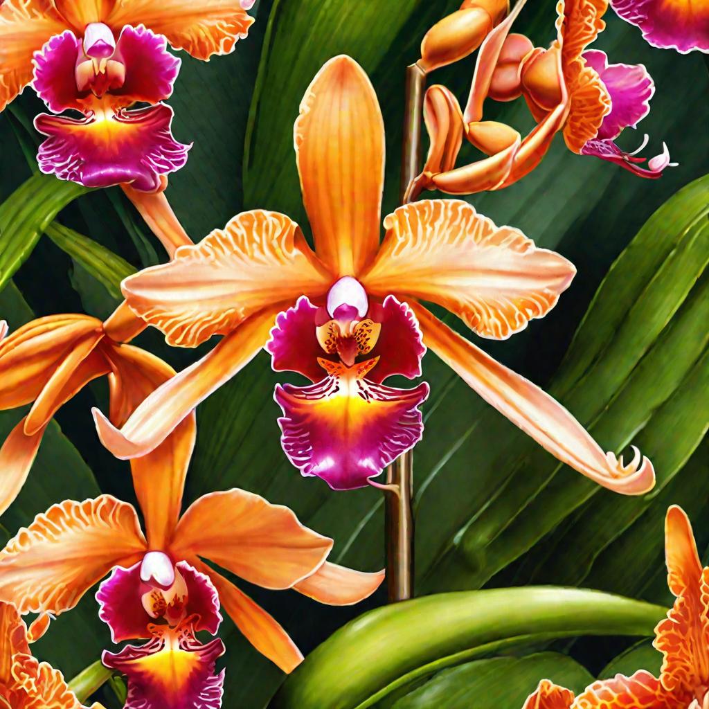 Ярко-оранжевая дикая орхидея в тропическом лесу. Пробивающийся луч света освещает экзотический цветок. Пышная зеленая листва и свисающие лианы окружают орхидею. Жаркий и влажный день, но орхидея излучает энергию и жизнь. Крупным планом запечатлены все зам