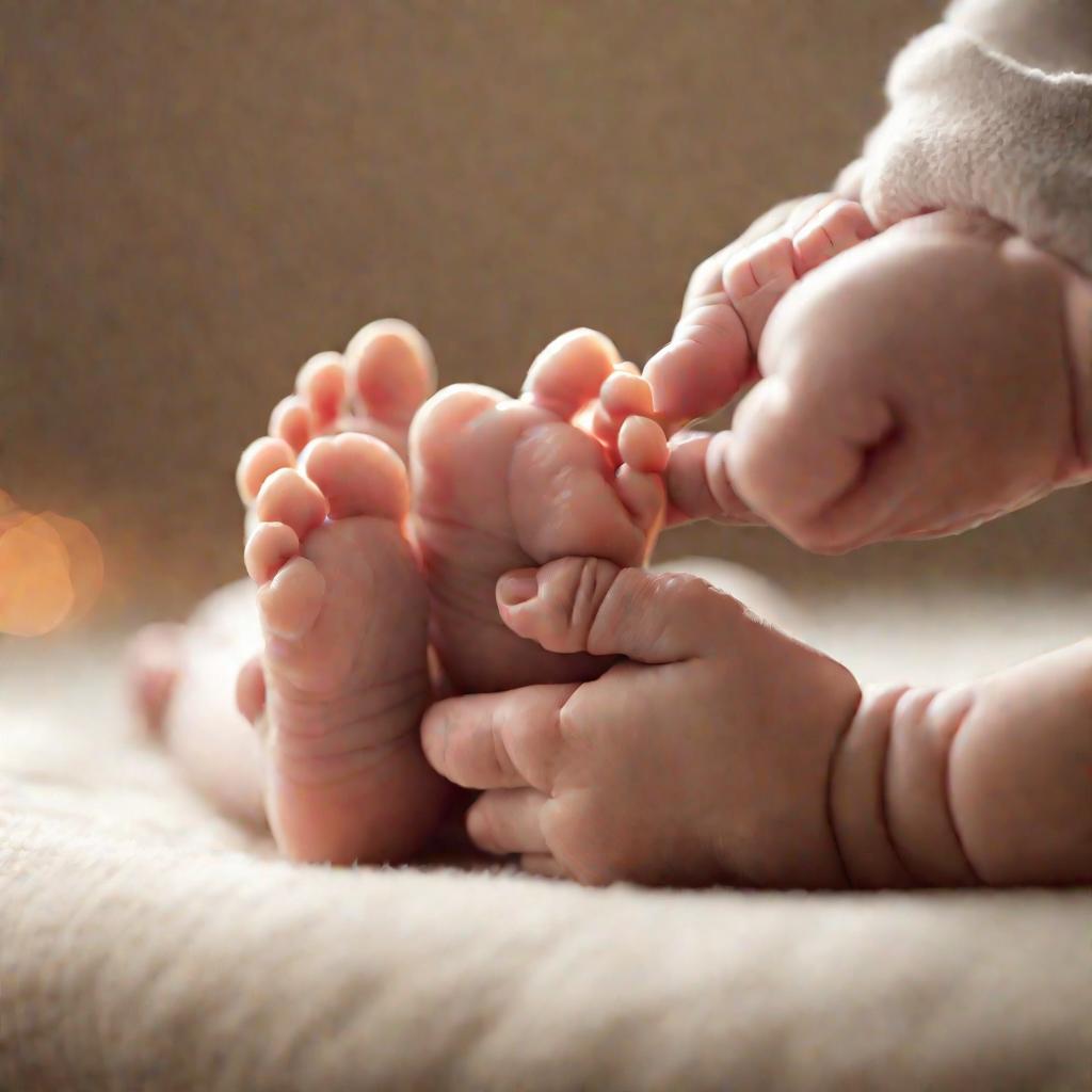 Руки, делающие массаж ступни младенца