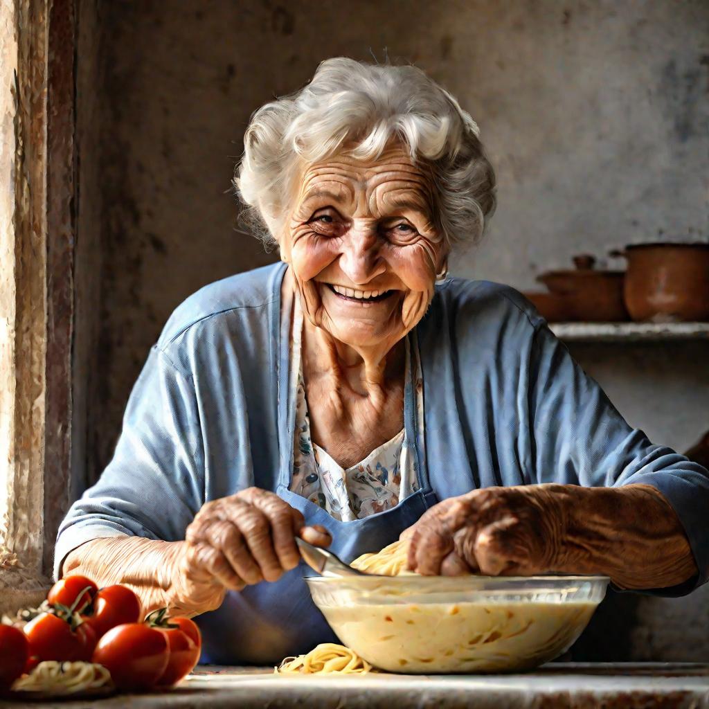 Бабушка месит тесто для лазаньи