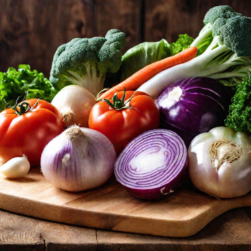 Свежие овощи для приготовления диетического супа: помидоры, морковь, лук, капуста на деревянной разделочной доске