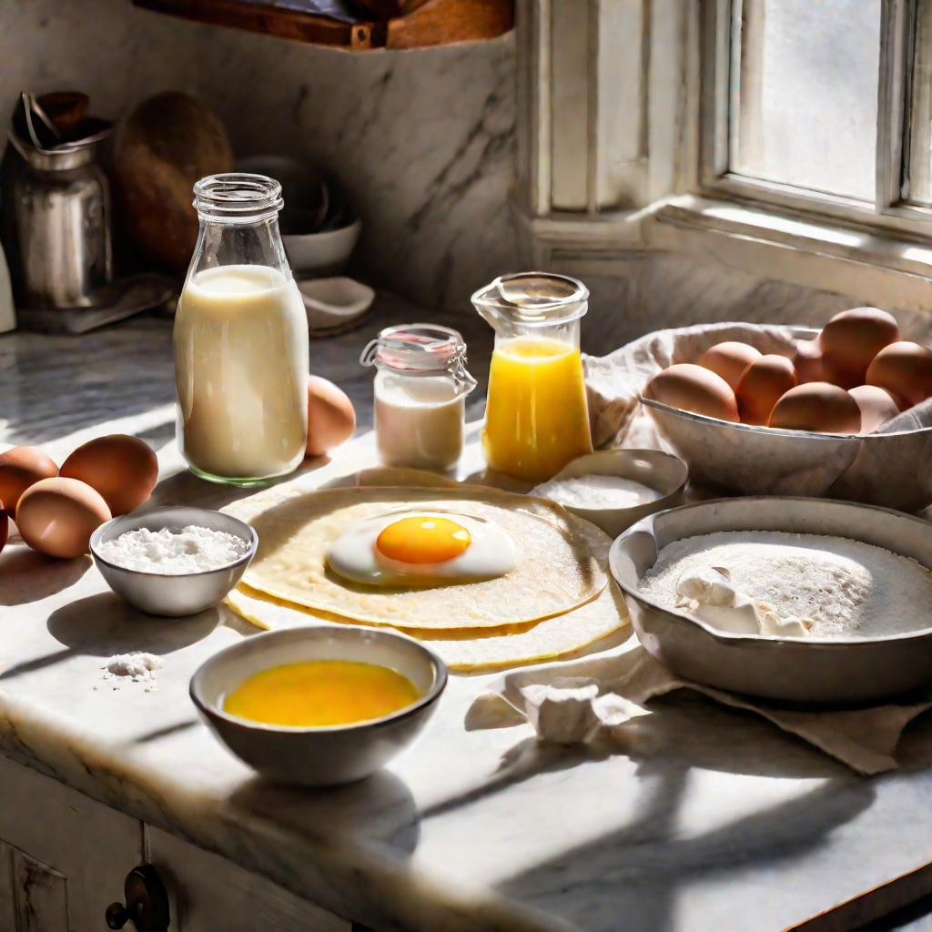 Ингредиенты для идеальных тонких дрожжевых блинов разложены на мраморной столешнице на кухне в утреннем освещении