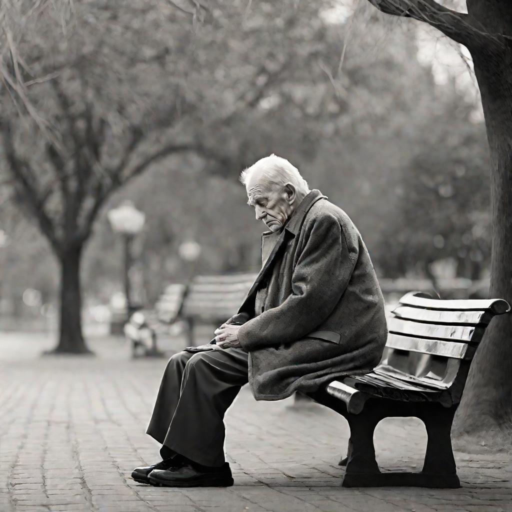 Пожилой мужчина сидит один на скамейке в парке в пасмурное утро, задумчиво глядя вдаль.