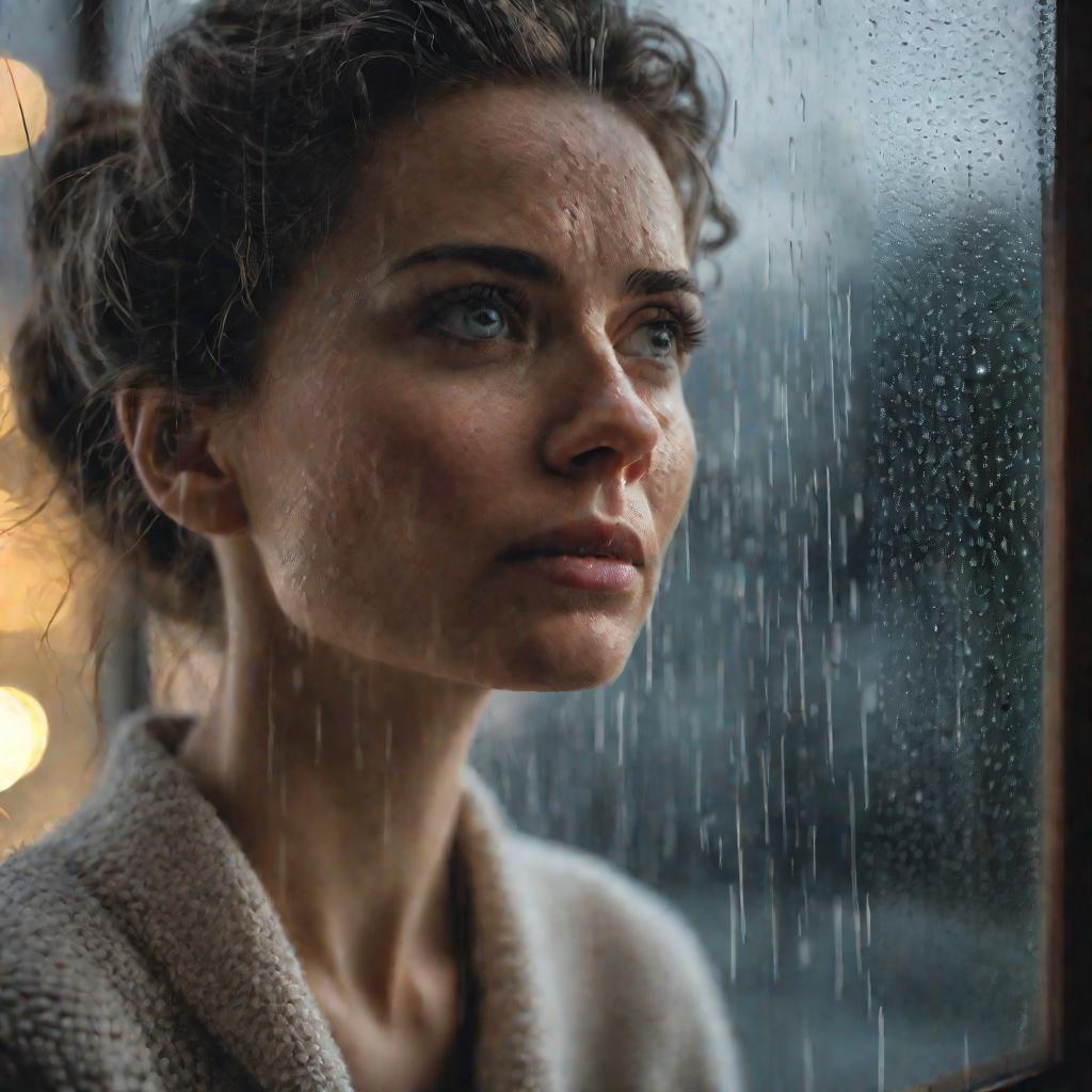 Женщина смотрит в окно дождливым днем