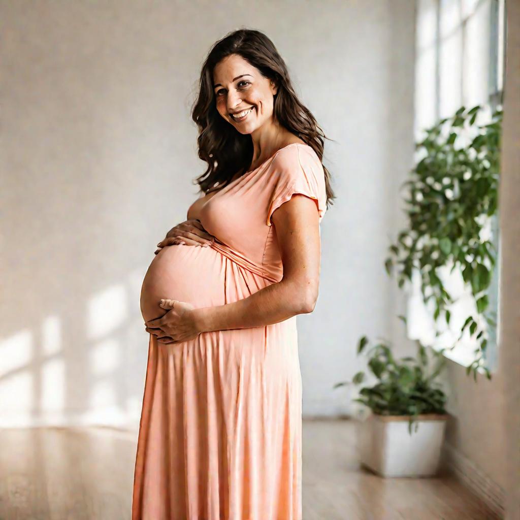 Беременная женщина в светлом платье