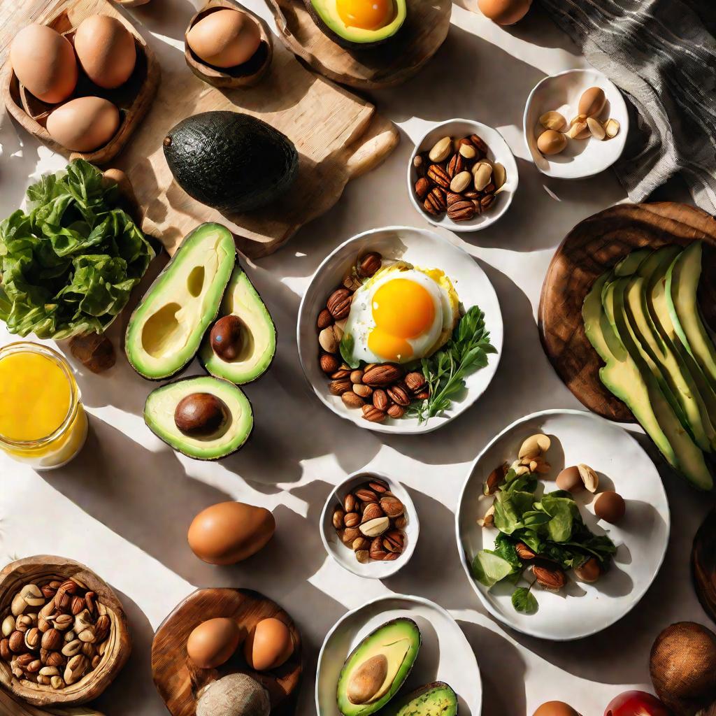 Вид сверху на деревянный обеденный стол, заполненный полезными продуктами - яйца, авокадо, орехи, овощи, фрукты. Солнечный свет создает мягкие тени и яркое, позитивное настроение