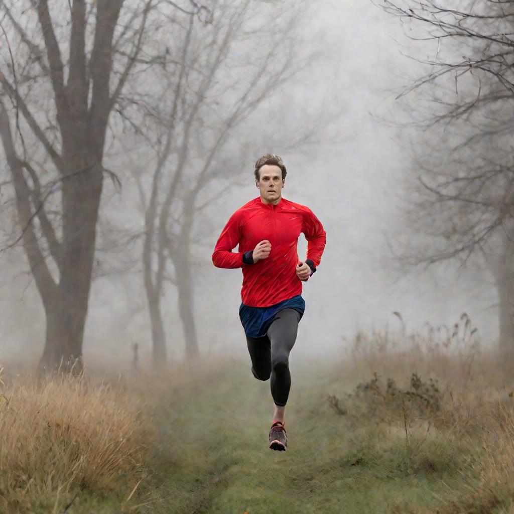 Мужчина бежит по туманному лугу
