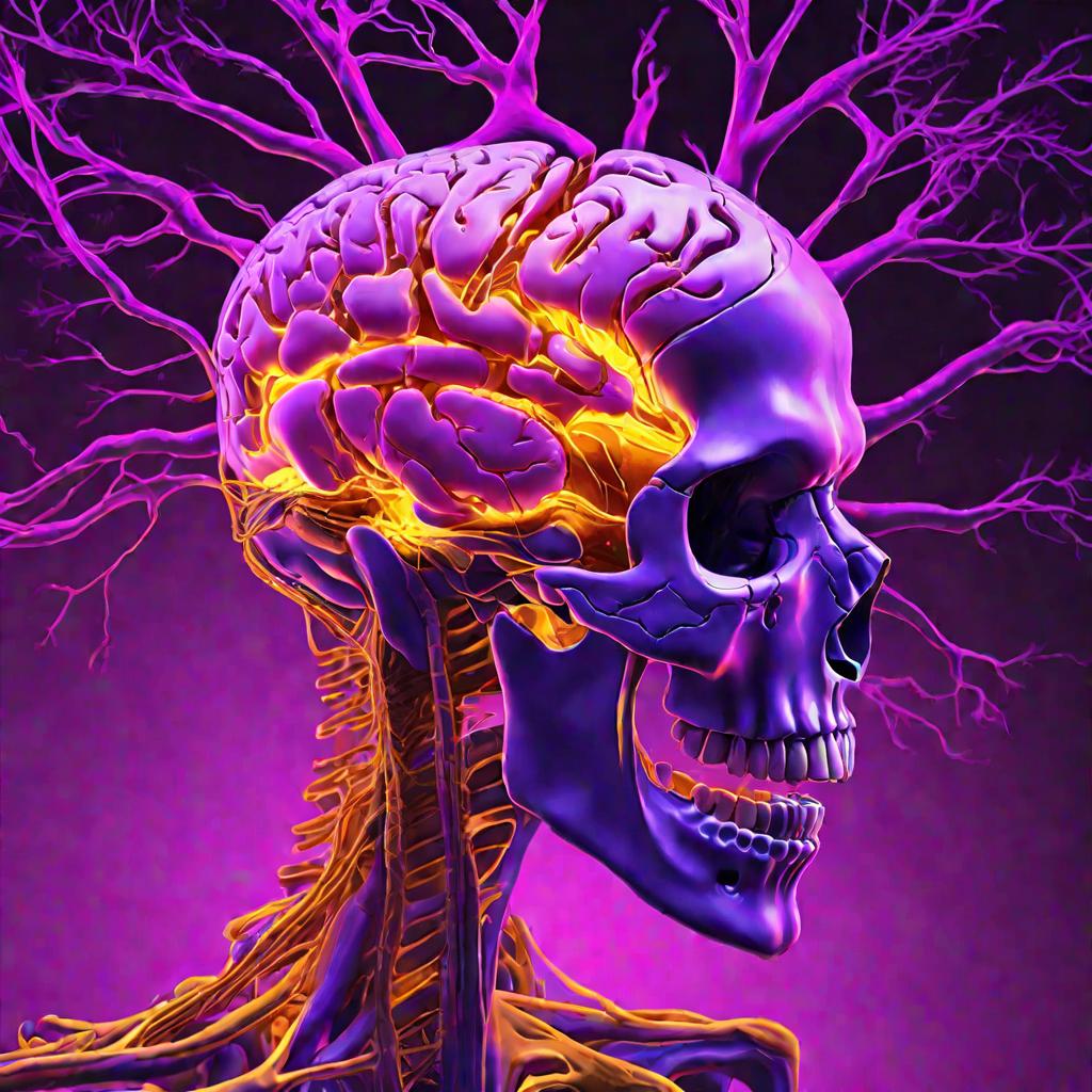 Анатомия тройничного нерва светящегося фиолетового цвета на фоне мозга и черепа человека