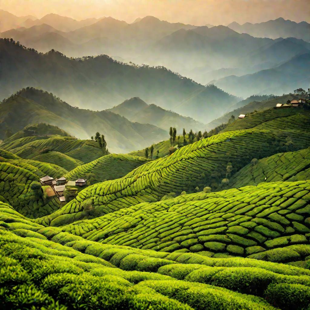 Пейзаж чайных плантаций в Китае весной в золотой час с рядами чайных кустов на холмах и туманными горами на заднем плане