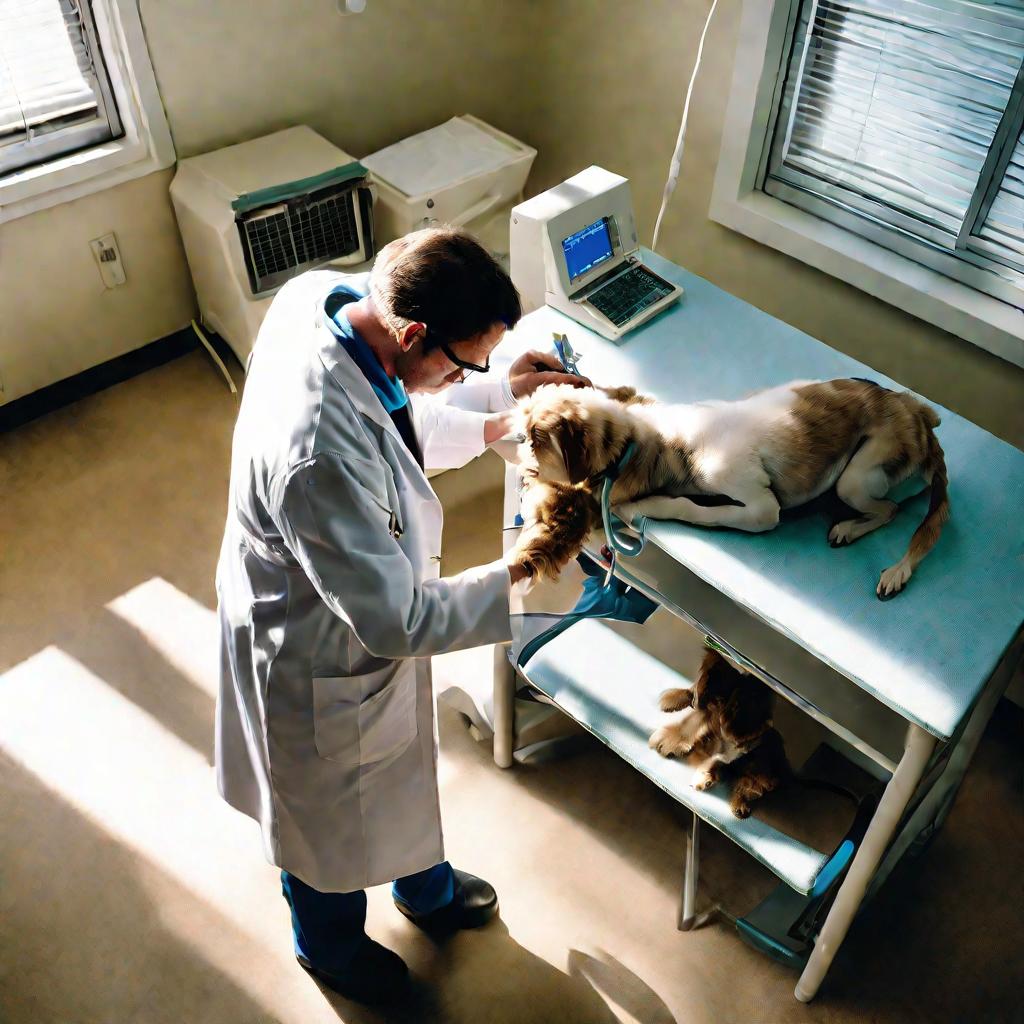 Ветеринар осматривает щенка на приеме, диагностируя крипторхизм