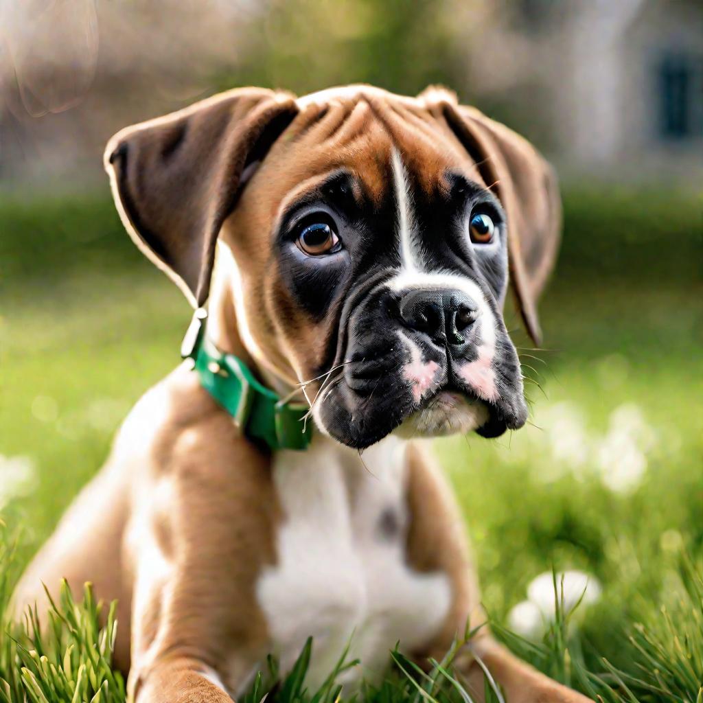 Портрет щенка боксера на солнечной лужайке весной