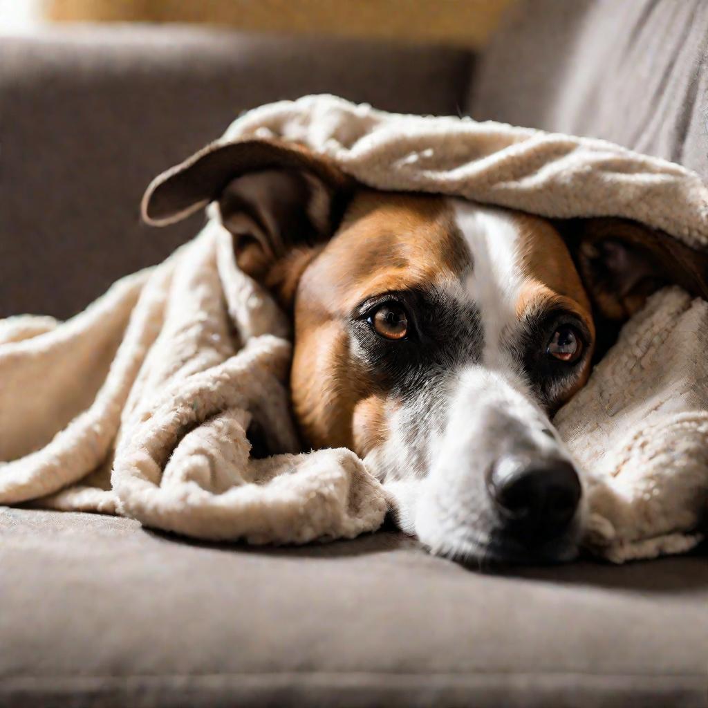 Грустная больная собака, лежащая на диване, укрытая одеялом и смотрящая печальным взглядом прямо в камеру