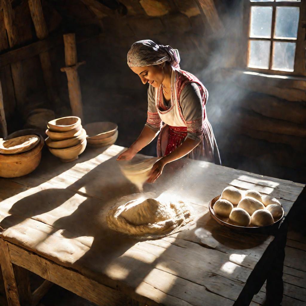 Женщина в грузинском платье месит тесто для хинкали