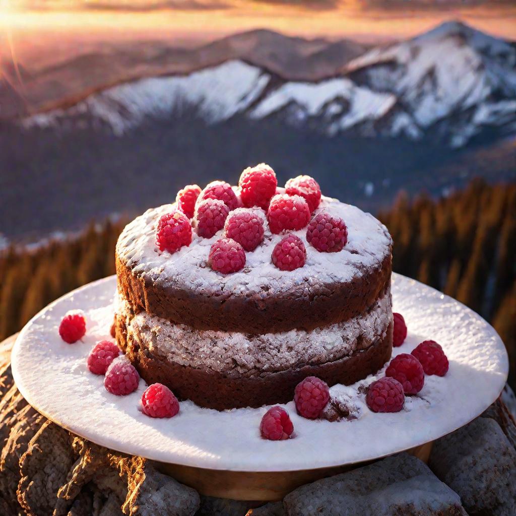 Шоколадный кекс с малиной на горе из сахарной пудры на закате