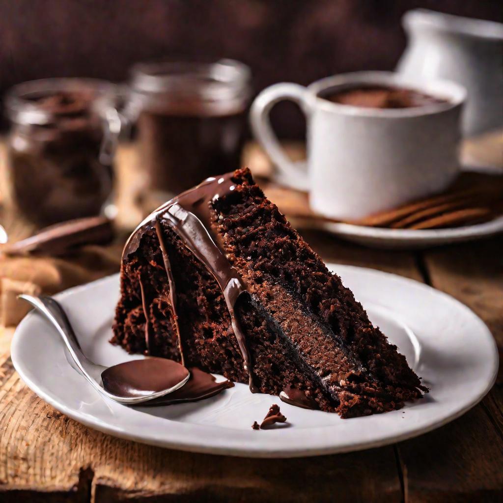Свежий шоколадный кекс с жидким шоколадом внутри на белой тарелке, ингредиенты для выпечки