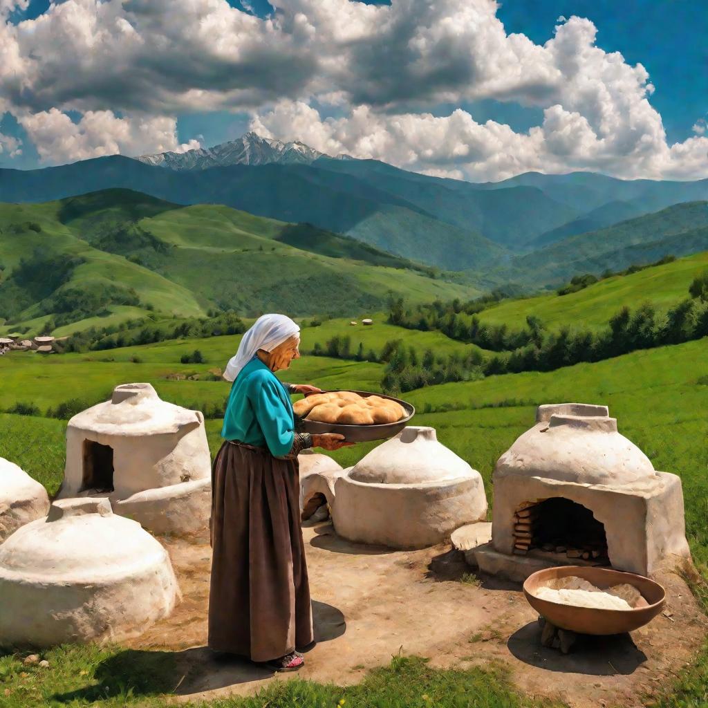 Горный пейзаж Грузии. Пожилая женщина в традиционной одежде запекает хачапури в глиняной печи.