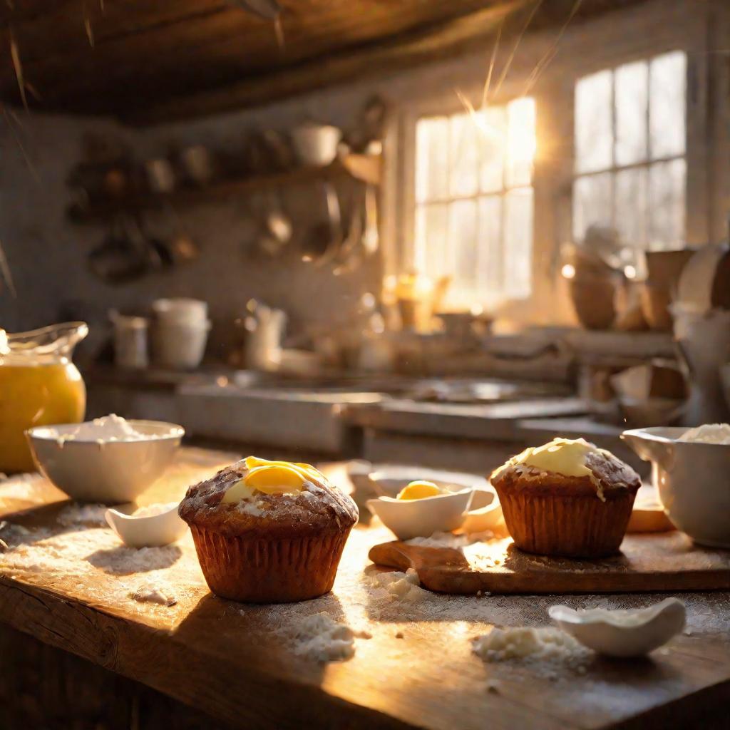 Утреннее солнце в кухне рядом с масляным бисквитом