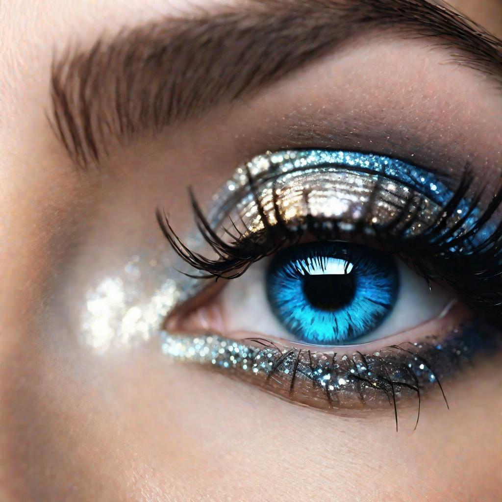 Глаза с серо-голубыми тонами, подчеркнутые макияжем с синими блестящими тенями.