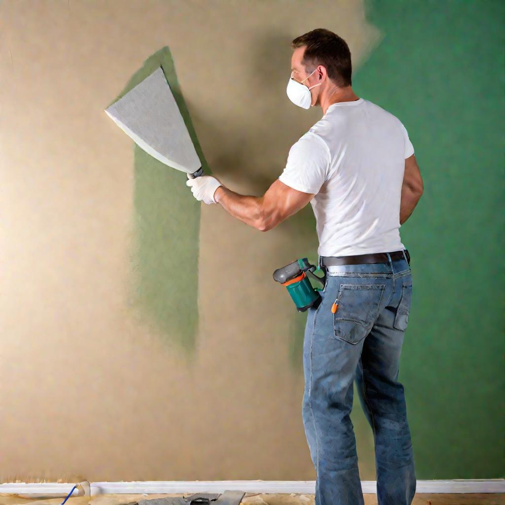 Мужчина в джинсах и респираторе шлифует тонкий слой акриловой финишной шпаклевки на зеленой стене из ГКЛ наждачной бумагой в мягком теплом свете студии.