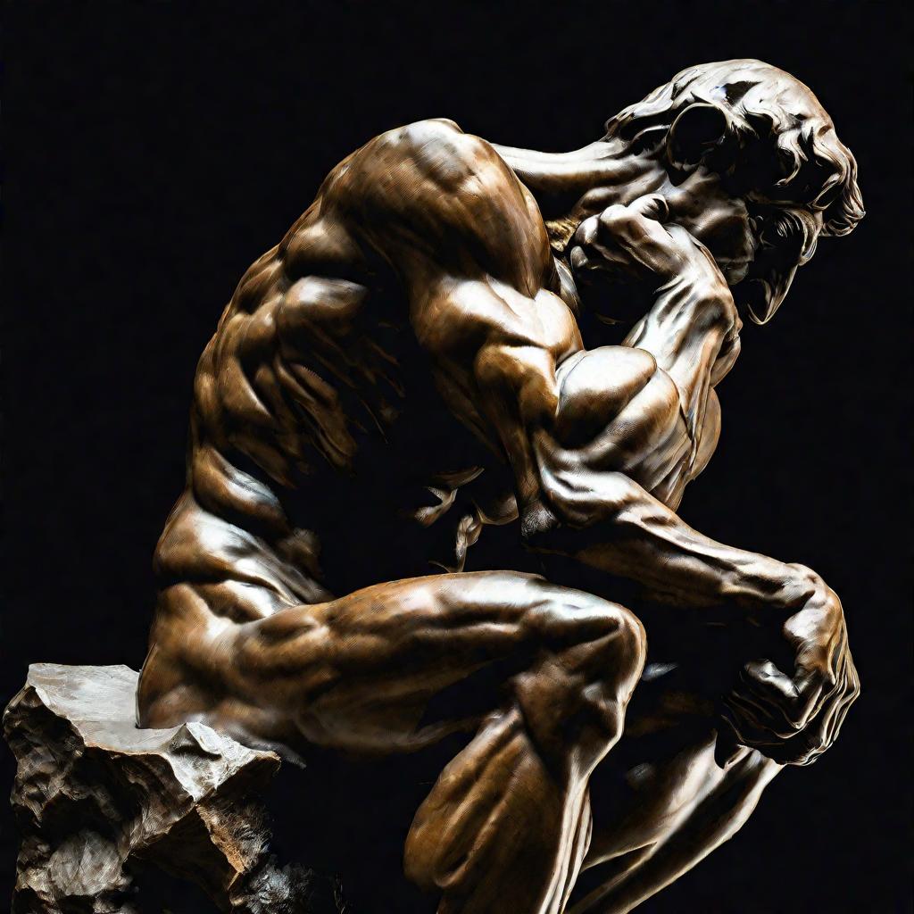 Скульптура Родена «Мыслитель» на черном фоне.