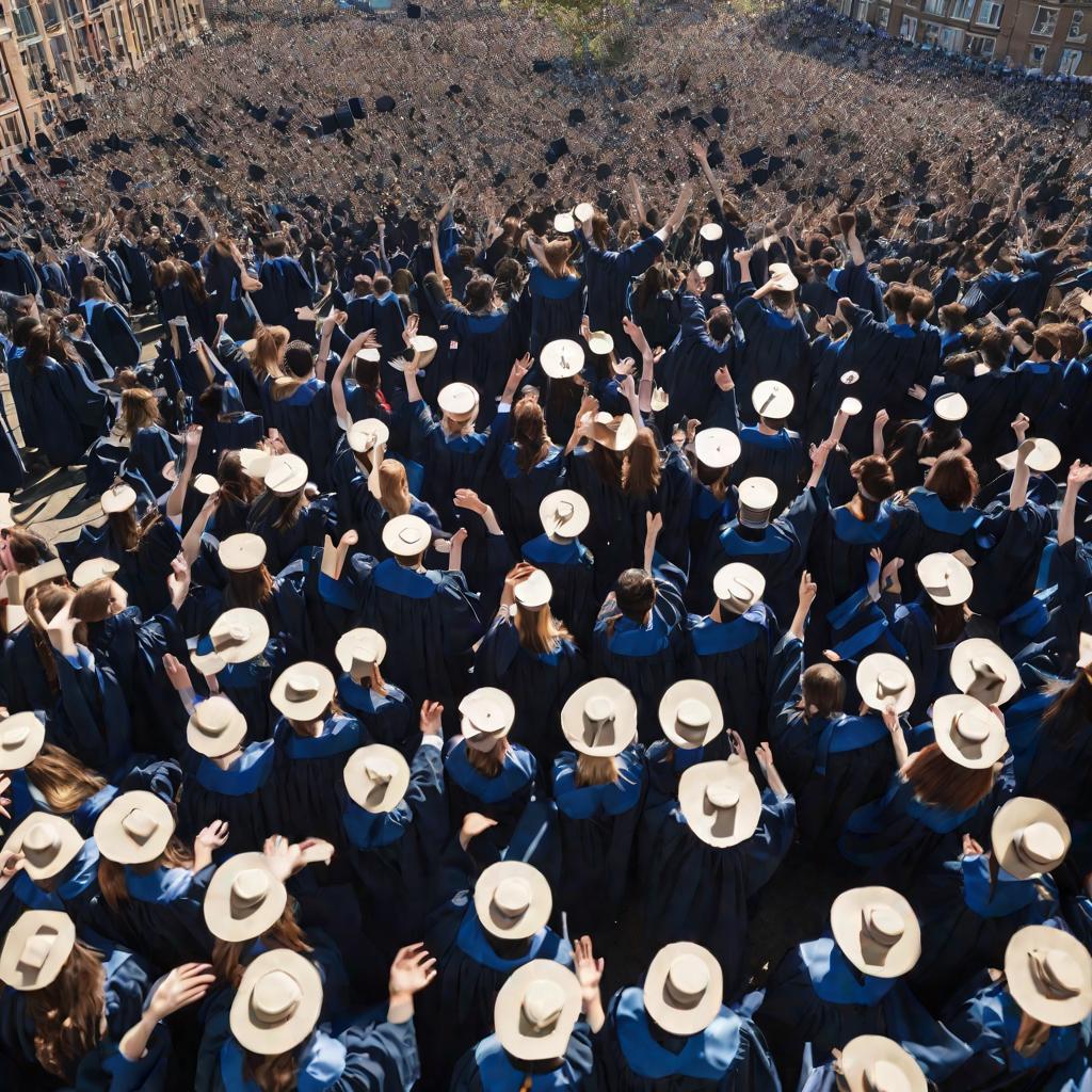 Выпускники университета бросают шапочки в небо.