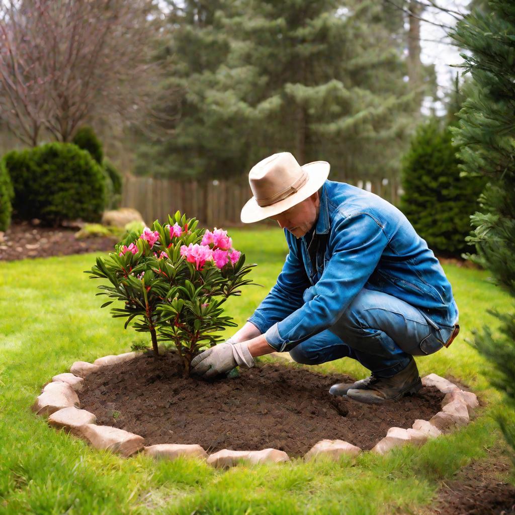 Садовник в джинсах и шляпе сажает горшечный рододендрон в посадочную яму в тени сосен в облачный весенний день.